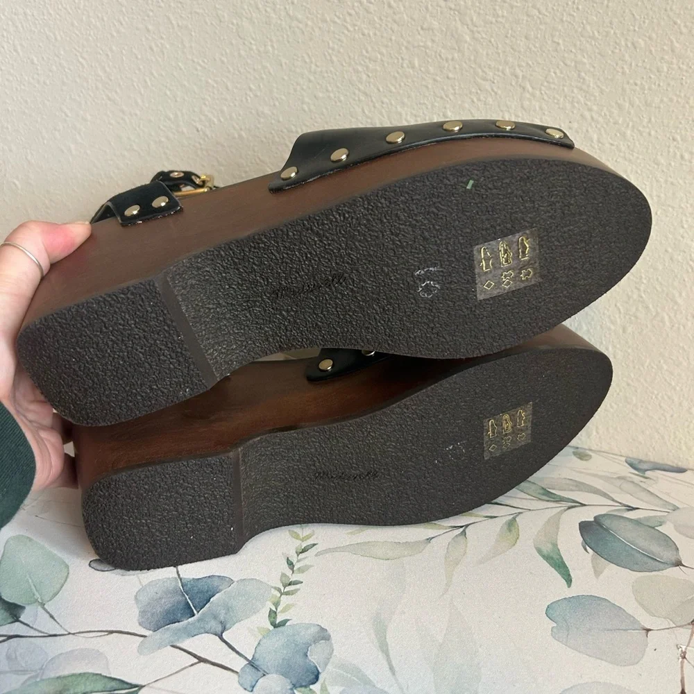 Madewell Black Leather Platform Clogs with Gold Studs